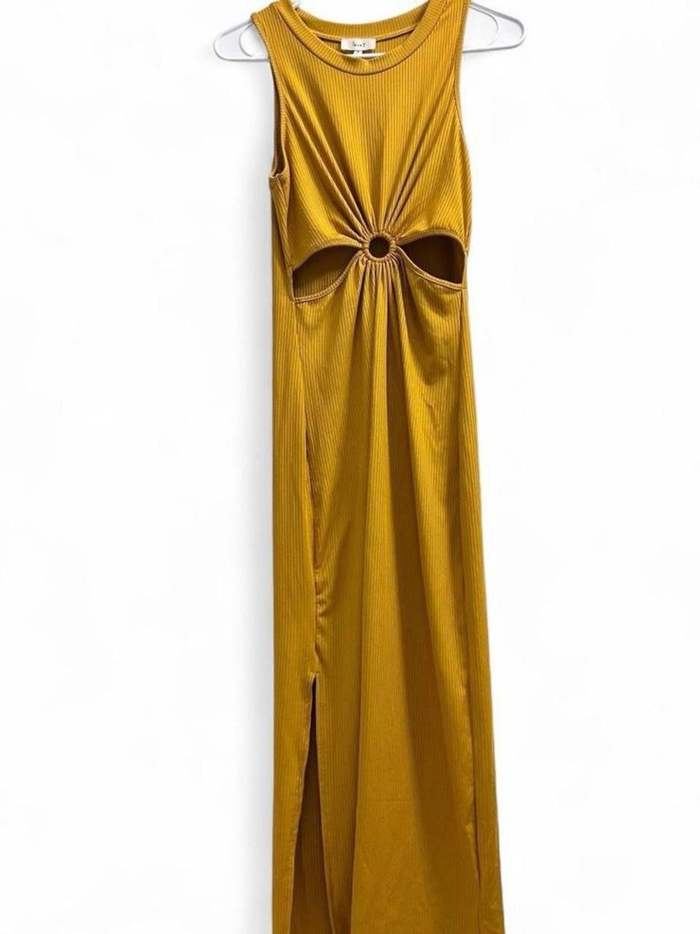 Yellow ribbed cut-out midi dress